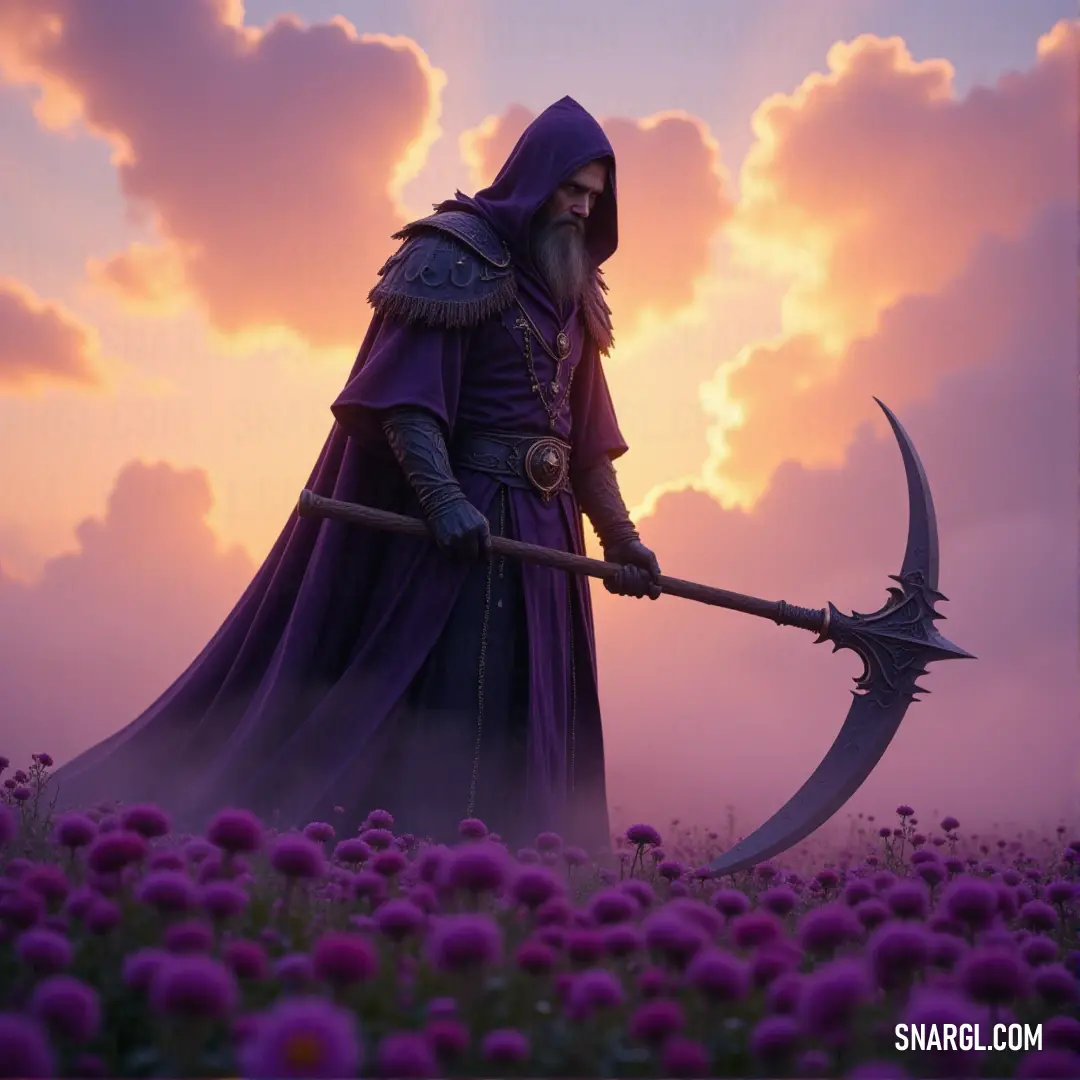 Merlin, dressed in a rich purple robe, grasps a massive metal axe, surrounded by a field of blooming flowers as the sun sets behind him in a burst of colors. A wise, old sorcerer in a purple robe holds a heavy, gleaming metal axe as he stands in a vibrant field of flowers beneath a breathtaking sunset. The sky is painted with hues of pink, orange, and purple.