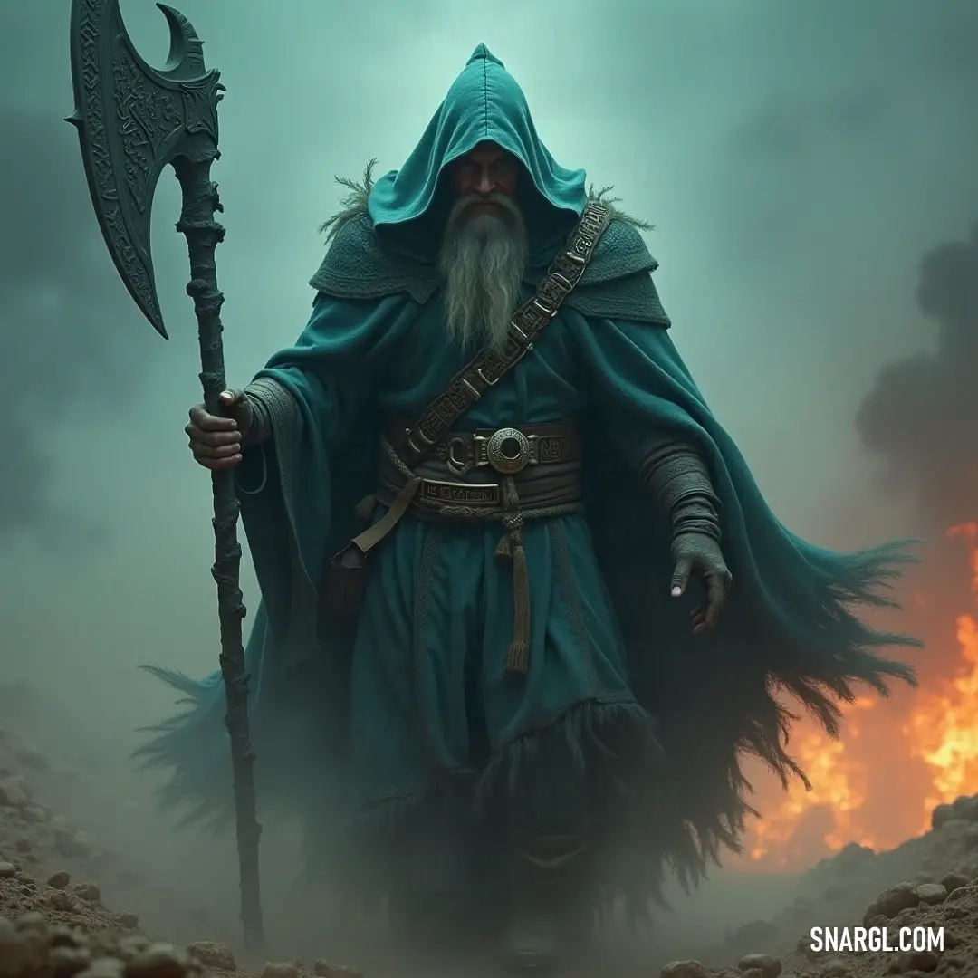 Merlin Ambrosius, with his long beard and mighty axe, stands firm in a desolate field, embodying the power of a legendary warrior. A powerful figure with a long beard, Merlin Ambrosius holds a massive axe as he stands in a barren field. His rugged presence and strength are palpable as he faces the harsh landscape, a true warrior of ancient legend.