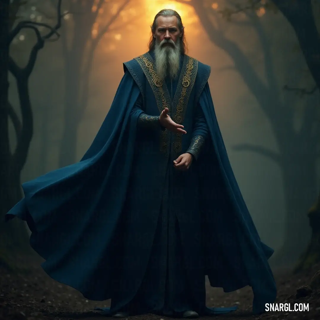 In a fog-draped forest, a magician adorned with a long blue cape stands beneath the trees, channeling the deep magic of the woods and the mysteries that lie hidden within the ancient forest. Amidst a mystical forest shrouded in fog, a bearded magician clad in a flowing blue cape stands among the trees, exuding an aura of ancient magic as he channels the whispers of nature around him.