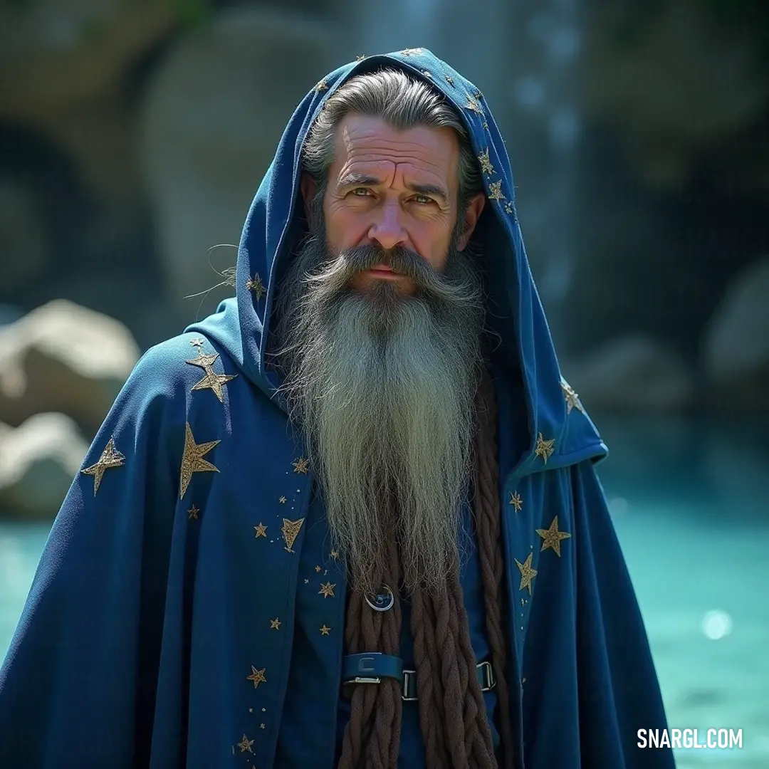 A majestic wizard with a long beard and a starry blue cape stands confidently, adorned with a mystical ring, poised to reveal the universe's secrets. A majestic wizard with an impressive long beard and an ornate blue cape decorated with shimmering stars confidently stands, wearing a mystical ring around his neck, ready to unveil the secrets of the universe.