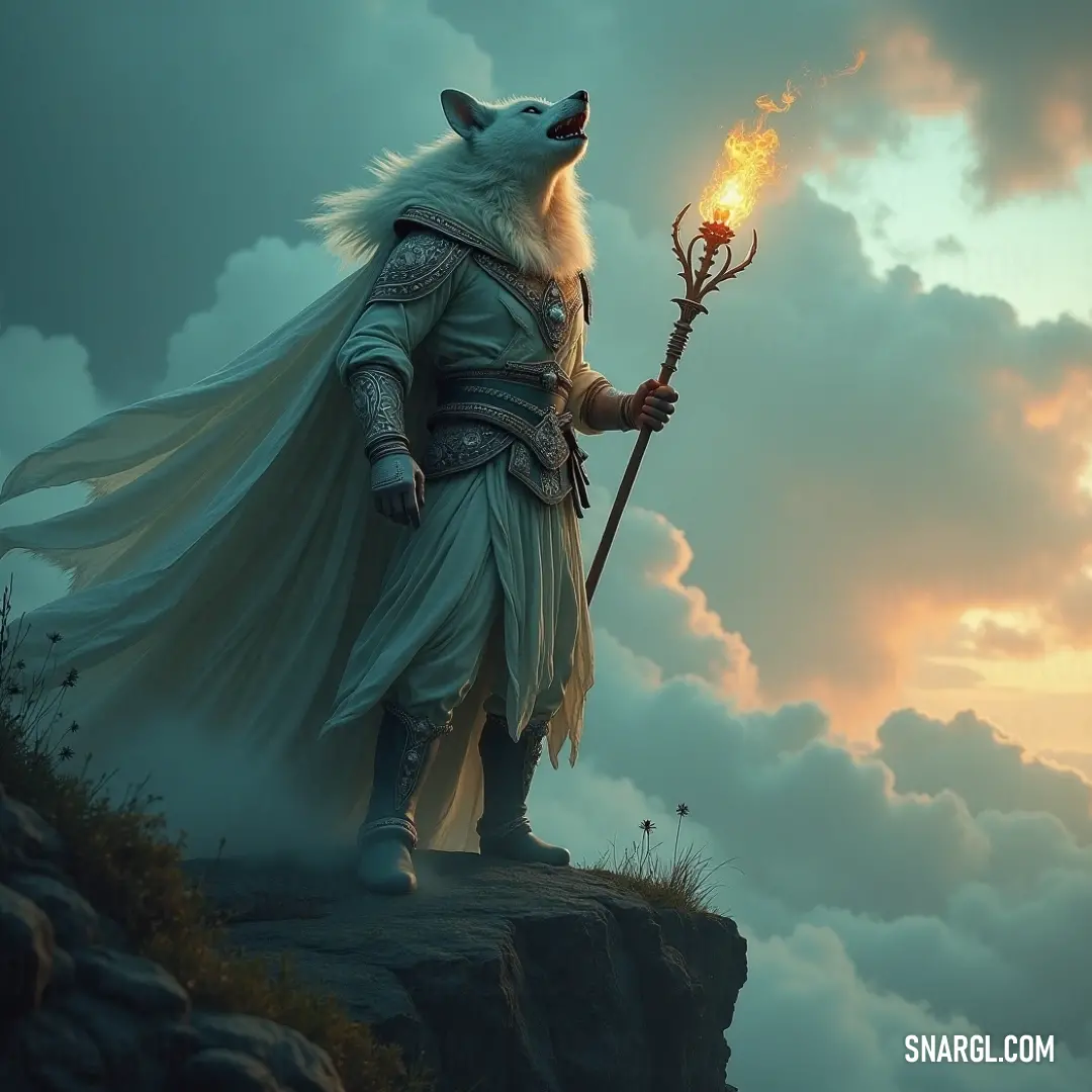 A dynamic figure in a wolf costume stands boldly on a cliff, wielding a torch against an enigmatic sky, evoking a sense of adventure. A fierce figure dons a unique wolf costume, poised atop a rugged cliff, brandishing a torch and stick against a backdrop of swirling clouds that create an atmosphere filled with mystery and intrigue.