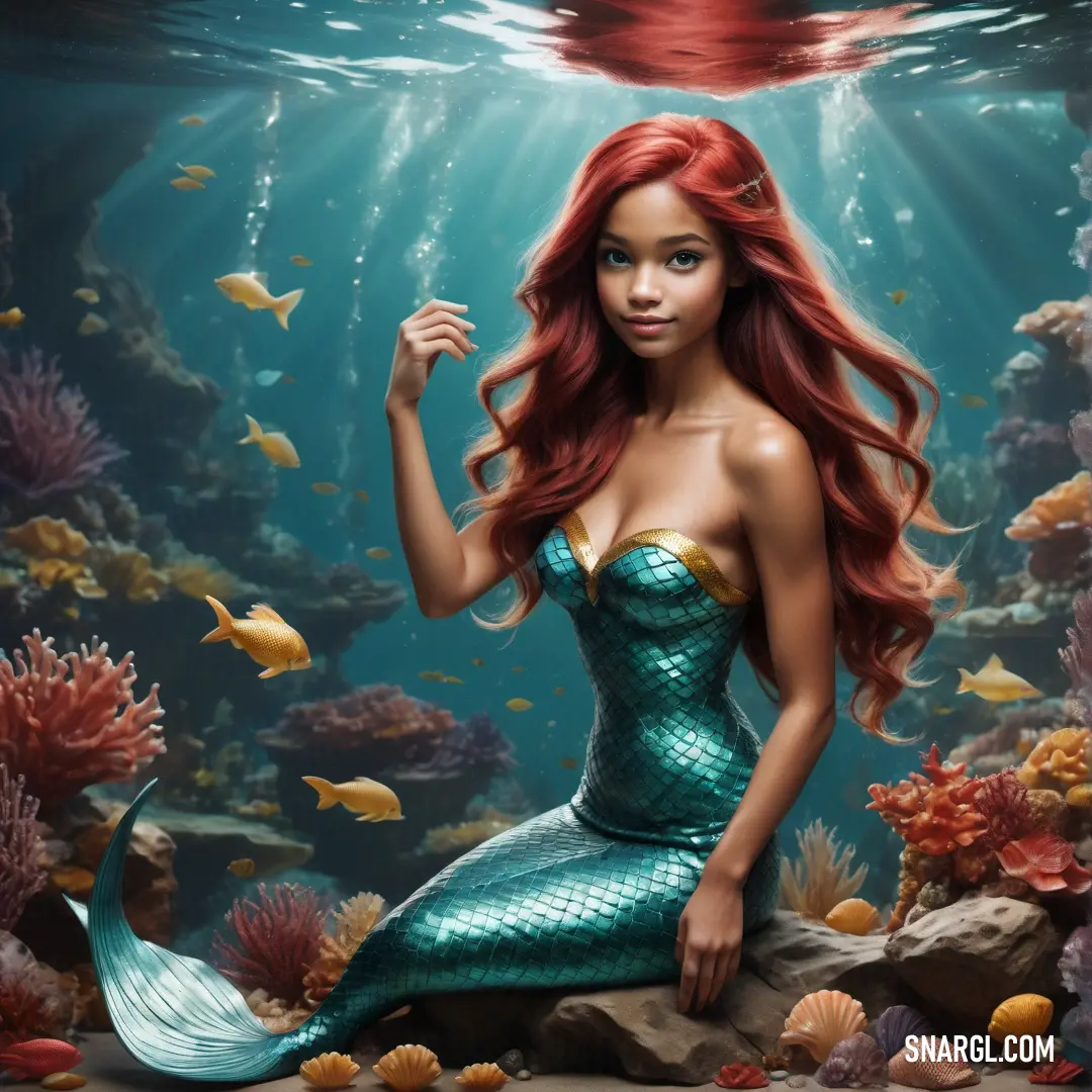 Beautiful mermaid on a rock under water with fish around her neck