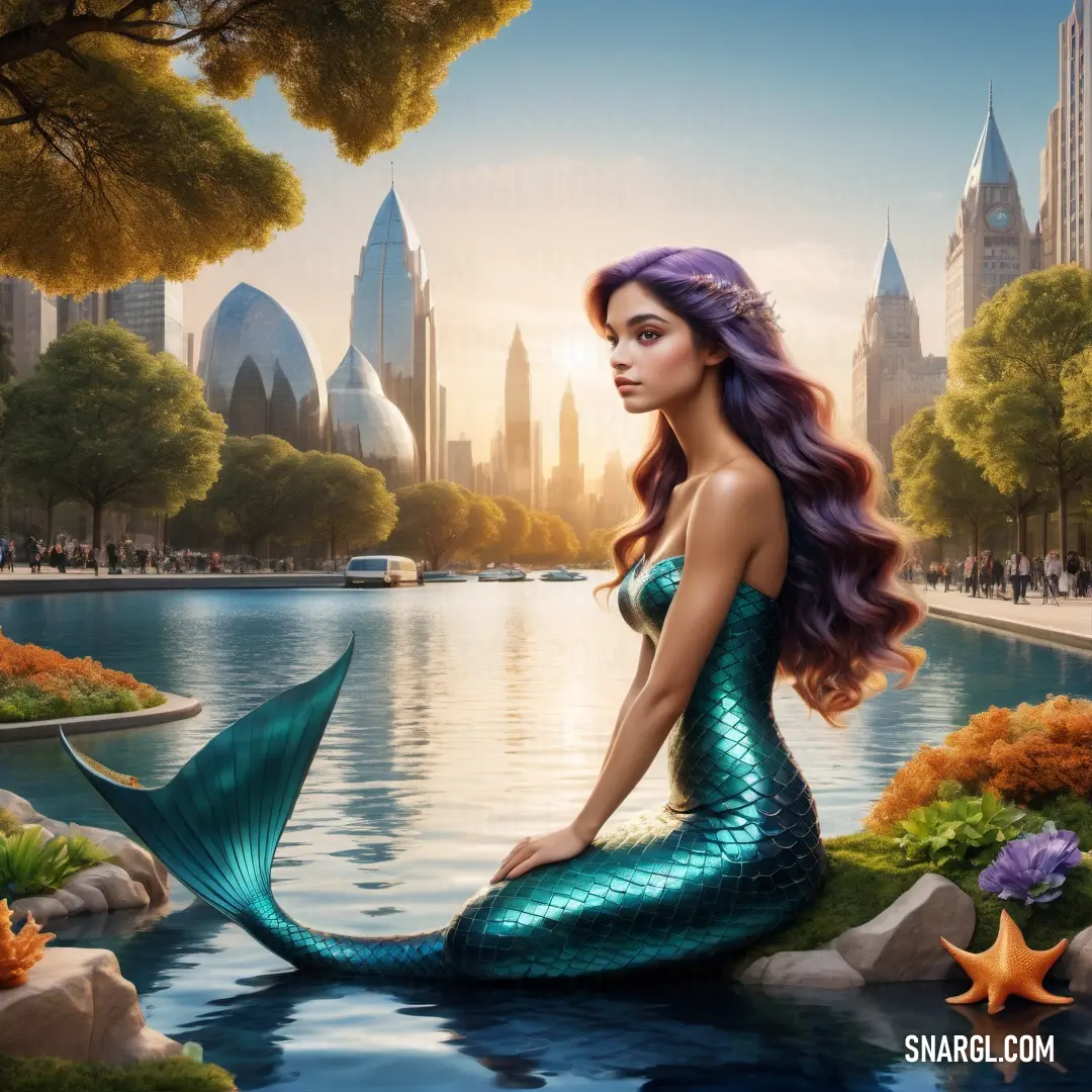 Beautiful mermaid on a rock in the water with a city in the background and a lake in the foreground
