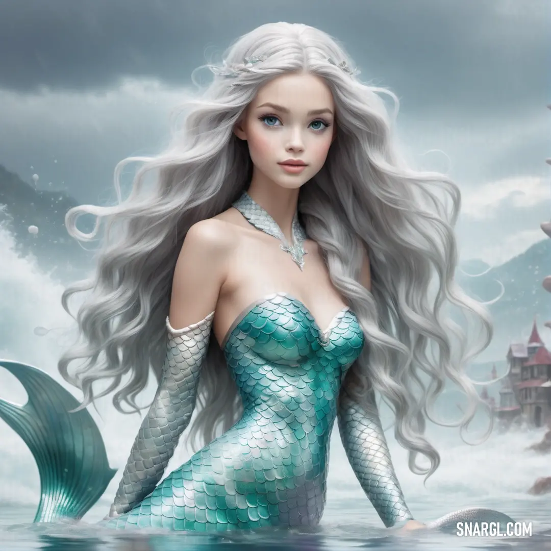 Beautiful mermaid with long hair on a rock in the ocean with a castle in the background