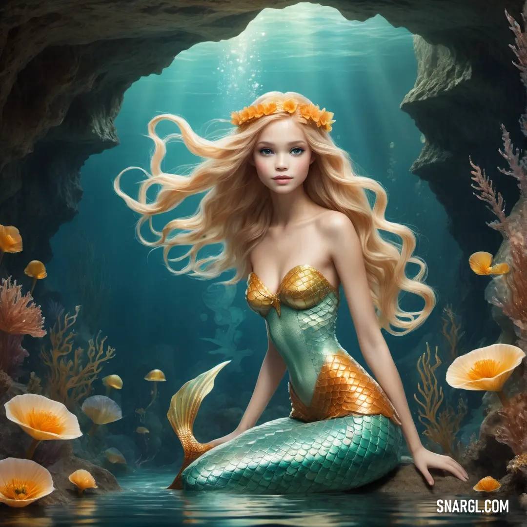 Beautiful mermaid on a rock in the ocean with a fish in her hand and a crown on her head