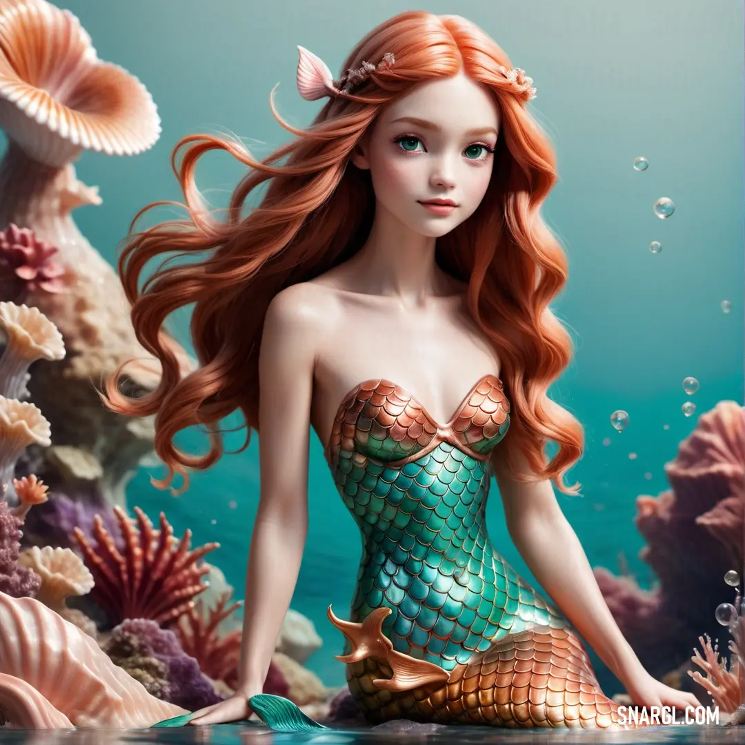 Beautiful redhead mermaid on a rock with a fish in her hand