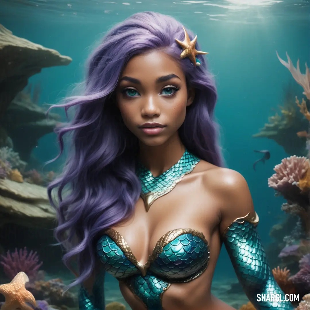 Beautiful female Mermaid with purple hair and a starfish in her hand is standing in the water