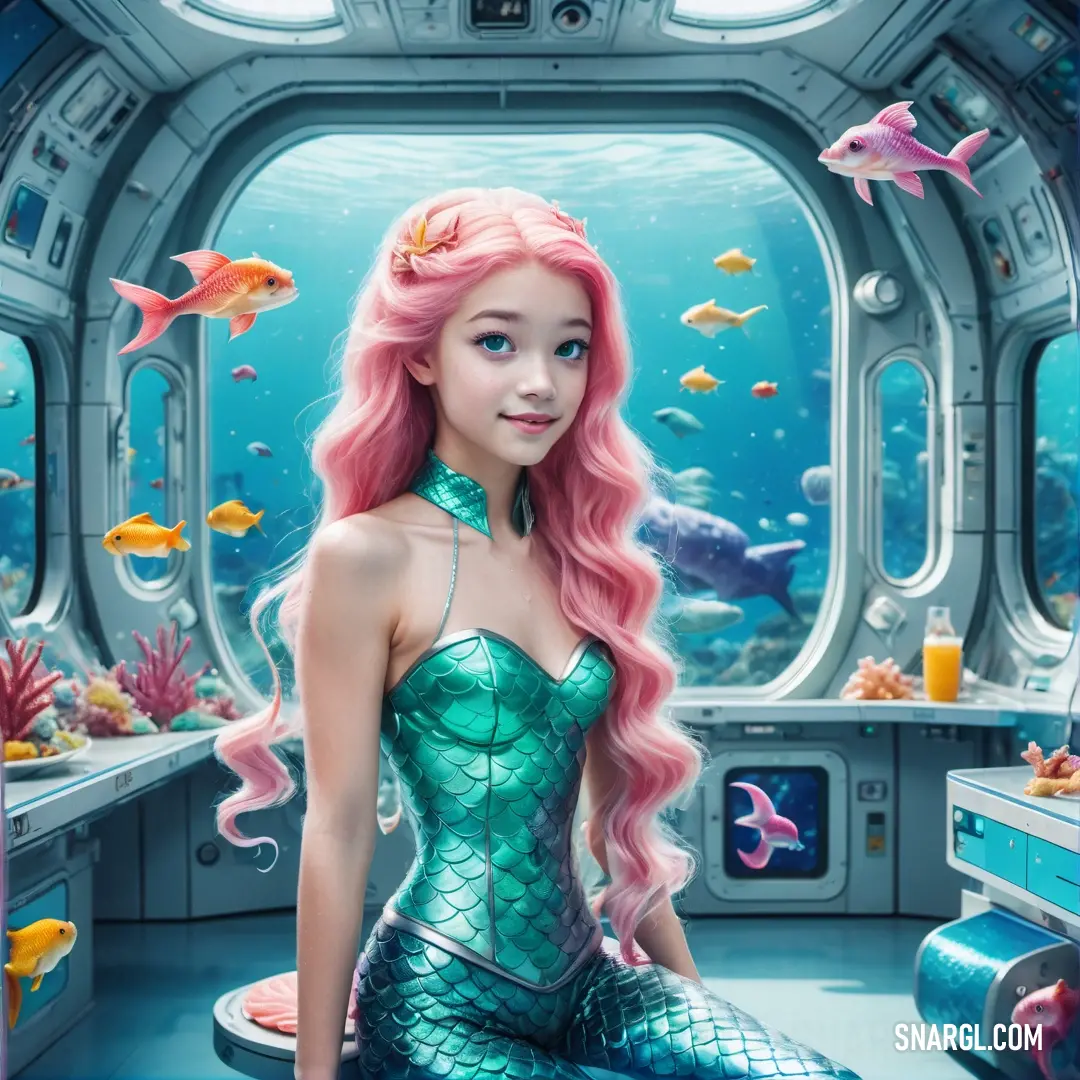 Girl with pink hair on a table in a room with fish and corals on the walls