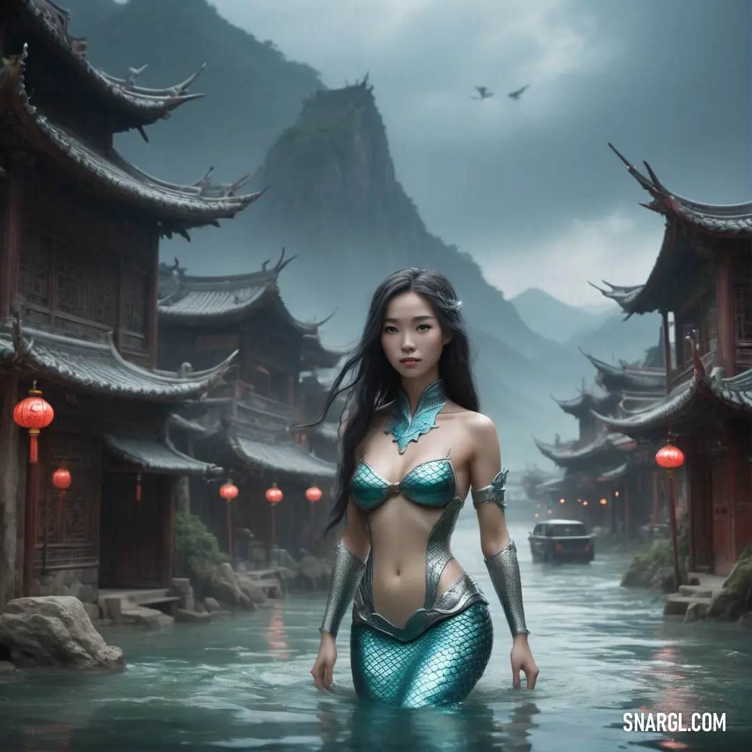 Mermaid in a bikini standing in a body of water with a mountain in the background and lanterns hanging from the ceiling