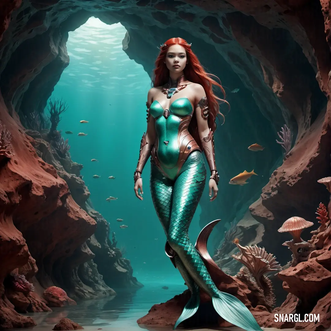 Mermaid in a mermaid costume standing in a cave with fish and corals around her