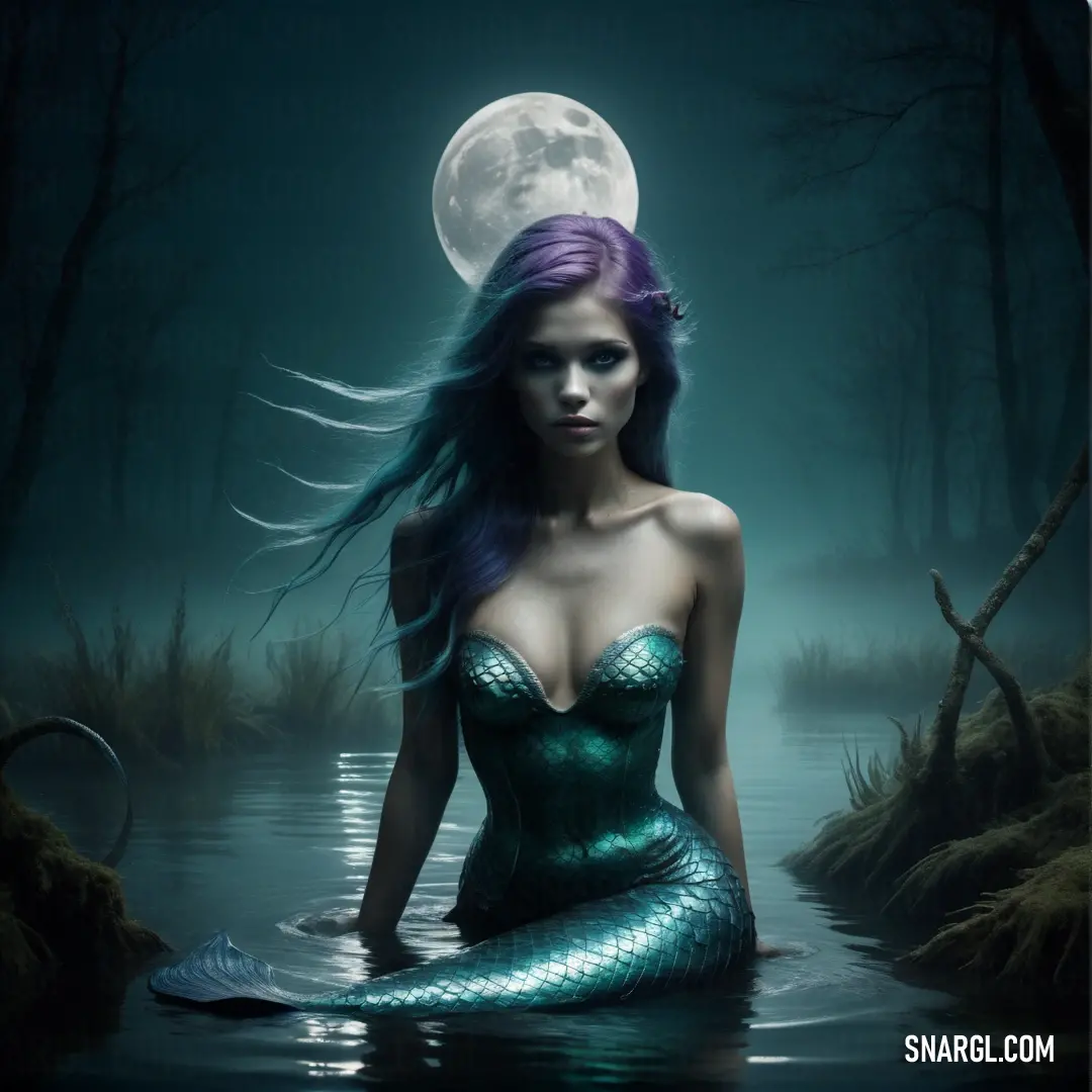 Mermaid with purple hair in the water with a full moon behind her