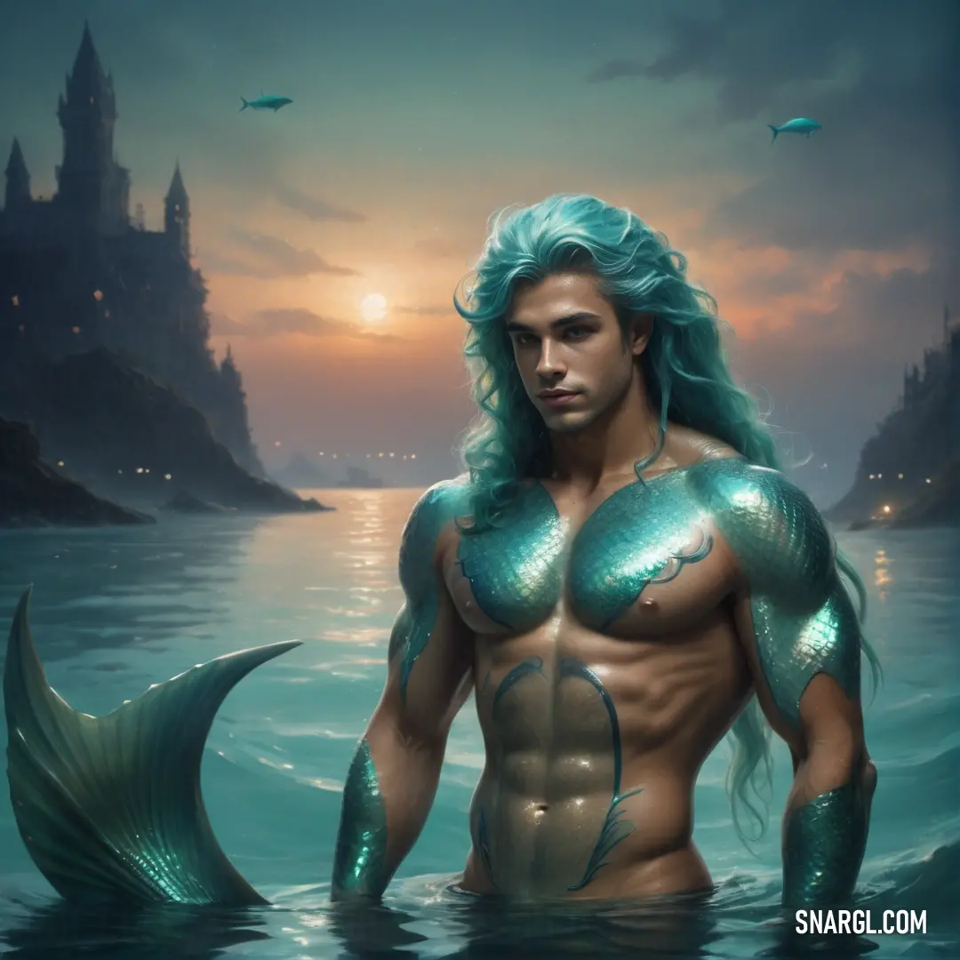 Mermen with long hair and a blue wig standing in the water with a fish tail in his hand