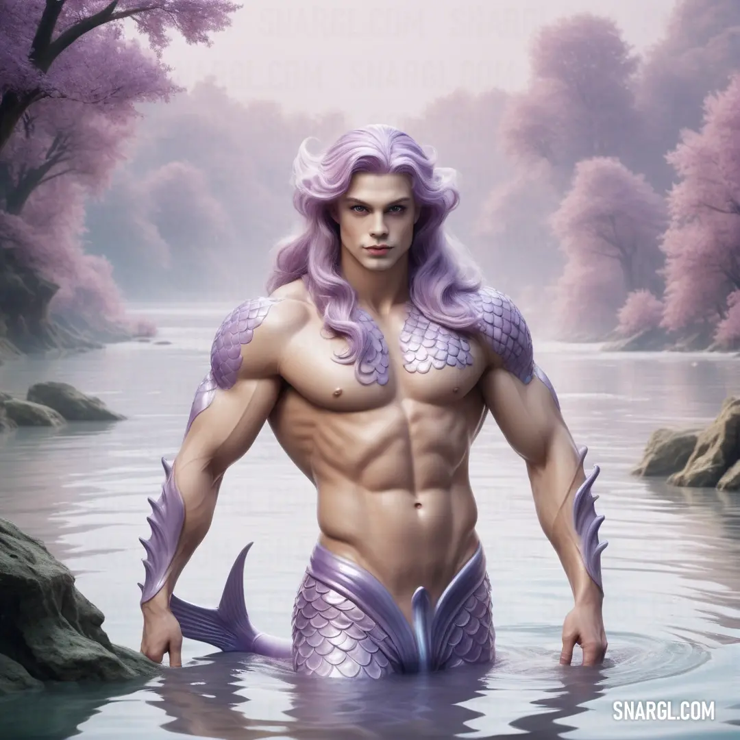 Mermen with purple hair and a fish tail in the water with trees in the background and a river