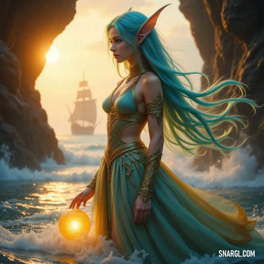 Merminia, the ocean maiden, with long hair, captivatingly stands with a ball by the crashing waves and a ship lingering in the background, radiating a sense of freedom and wonder. A mesmerizing scene of Merminia, a mystical maiden with flowing long hair, gracefully standing in the shimmering ocean, her delicate hand clutching a vibrant ball while a majestic ship sails in the distance, capturing the essence of adventure.