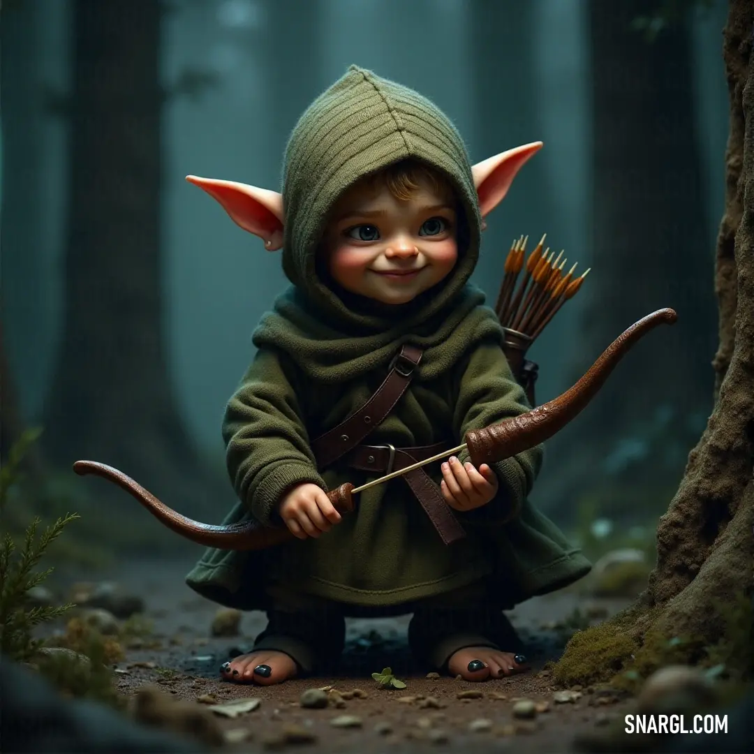 Little Merry Brandybuck, dressed in elfin attire, takes aim with a bow and arrow in a lush forest. Her green hood blends with the surrounding trees as she crouches, focused and ready for action.