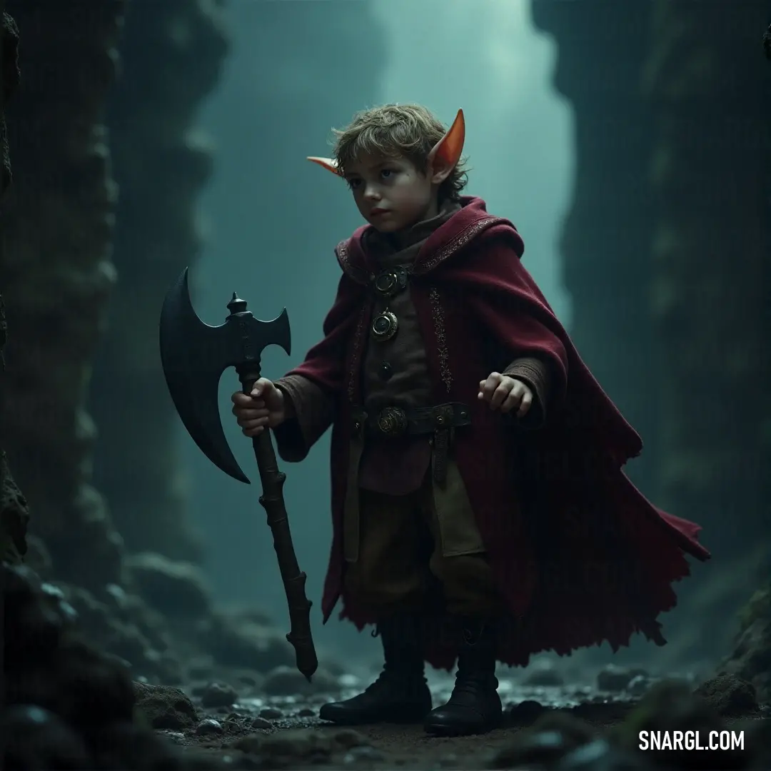 Merry Brandybuck, draped in a red cloak, stands firm with a large axe in a mysterious cave, ready for the challenges ahead. Young Merry Brandybuck, cloaked in a deep red robe, grips a large battle axe with determination, standing within a dark cave where shadows loom and an aura of mystery fills the air.