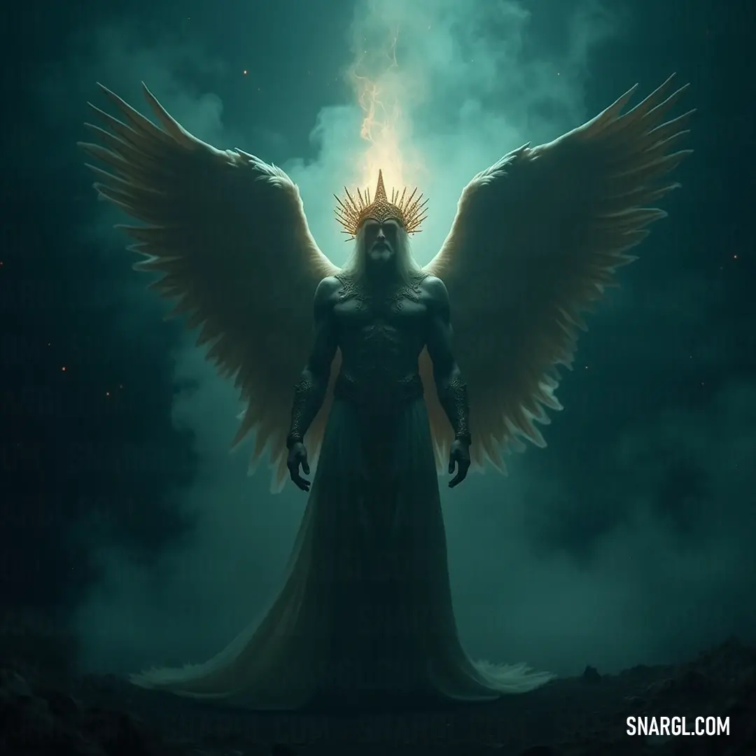 Metatron, an angel cloaked in shadows with magnificent wings and a glowing halo above his head, stands in the dark, exuding a powerful presence that resonates with cosmic energy and divine purpose.