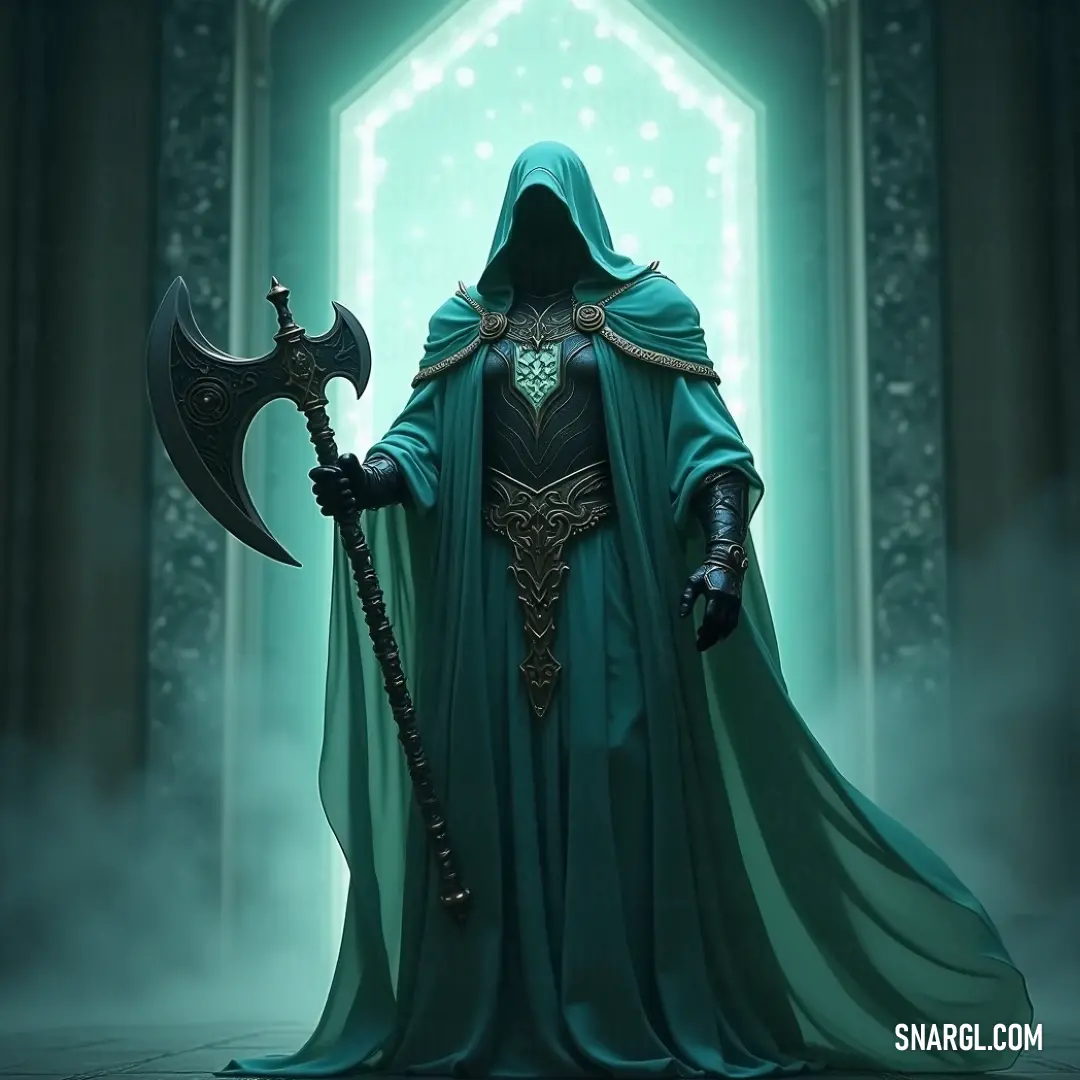 Metatron, in a green cloak, wields an axe while a glowing doorway behind him radiates a divine light. Metatron, cloaked in a rich green garment, grips a massive axe as a glowing doorway appears behind him. The light shining through the doorway creates a divine aura, highlighting his powerful and mystical presence.