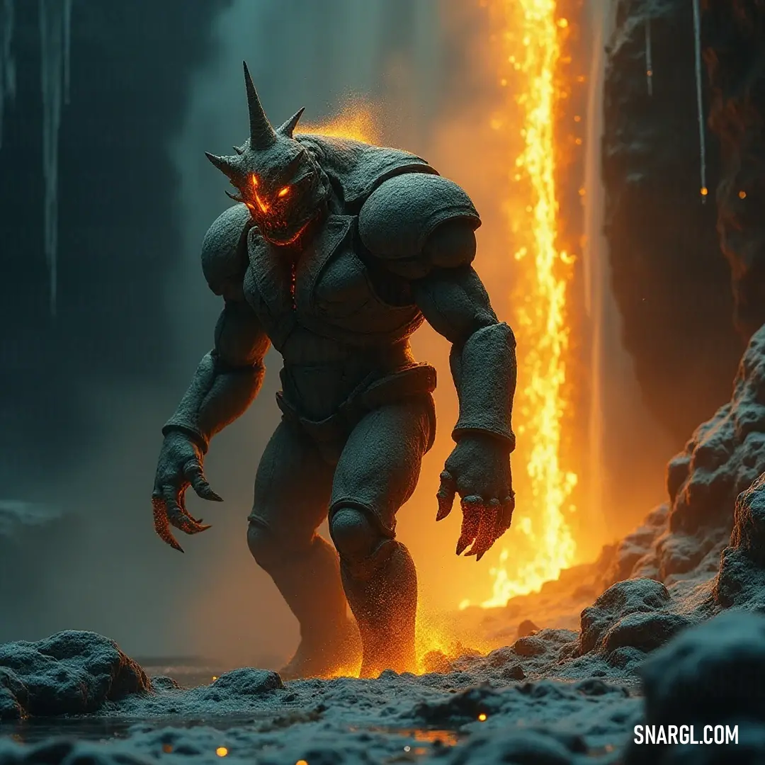 Within a shadowy cave, a menacing demonic creature interacts with a dressed Meteor Golem, as glowing flames ignite the scene, creating a clash of mystical and macabre elements. A fearsome demonic creature lurks within a dark cave, its ominous presence complemented by glowing flames, while a peculiar Meteor Golem dressed in a suit shadows it, creating an atmosphere of suspense and intrigue.