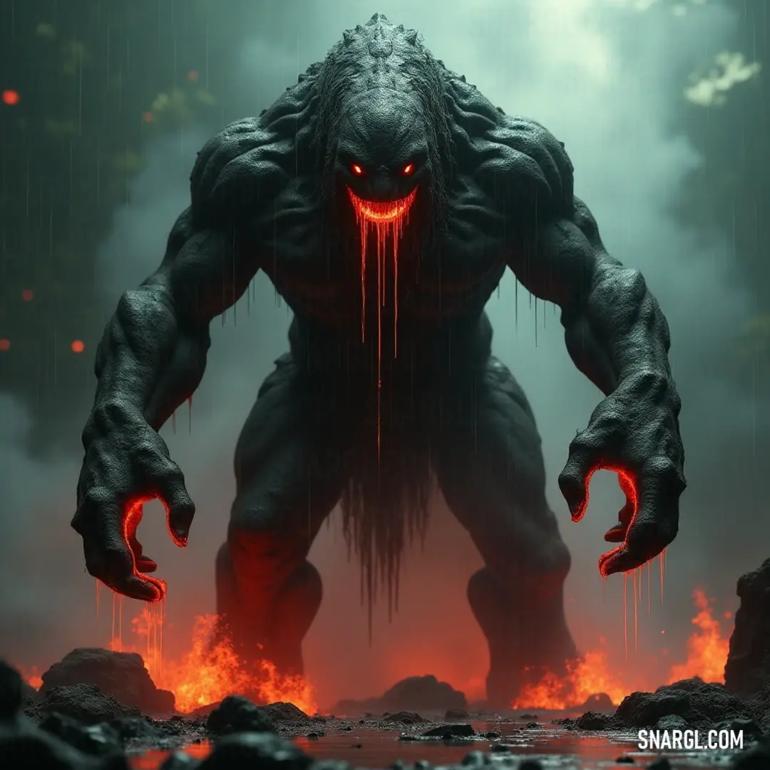 A menacing Meteor Golem, with eerie glowing eyes and a blood-stained face, dominates a sinister forest setting, infused with swirling flames and dense smoke, evoking terror and awe. A demonic Meteor Golem, eyes ablaze and a bloodied visage, stands amidst a thick, dark forest, where swirling red flames and smoke enhance the malevolent aura surrounding this strikingly fearsome entity.