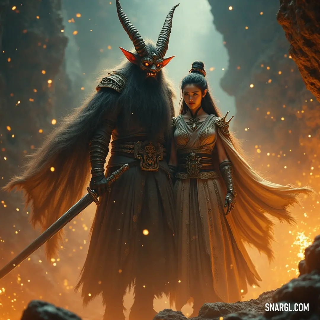 A dramatic encounter featuring Mezu and a formidable demon in a fiery cave, illustrating the battle between light and darkness. Deep within a shadowy cave, a tense standoff between Mezu and a fearsome demon unfolds, with flickering flames casting an eerie glow on their fierce expressions, highlighting the dramatic clash of light and darkness in a realm of danger.
