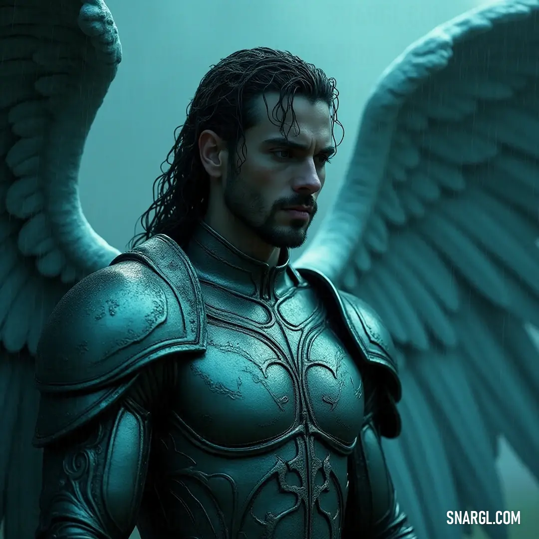 A valiant figure clad in shimmering armor stands tall, wings majestically unfurling behind, exuding strength and purity as he prepares to confront any challenge that may arise in a radiant display of bravery.