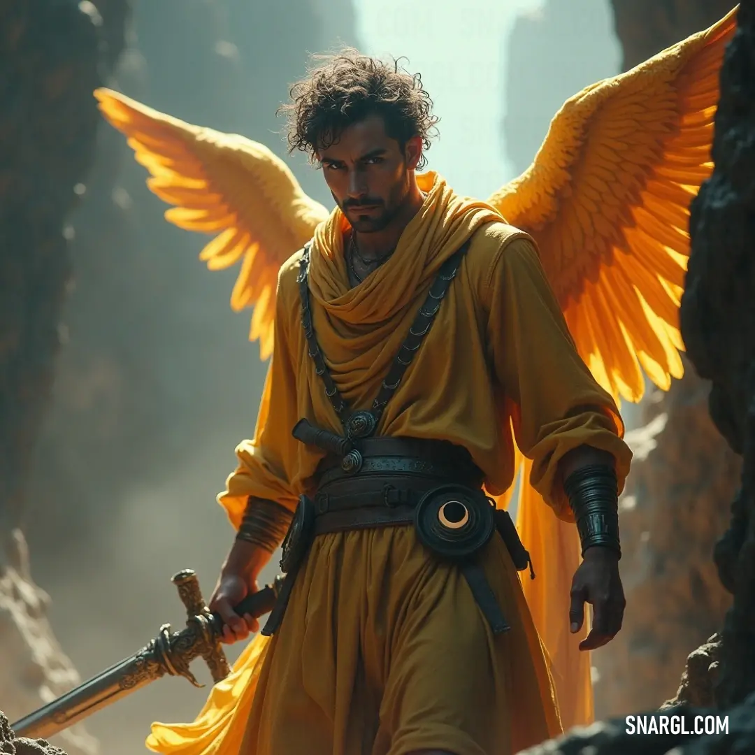 Michael, dressed in yellow armor, stands tall with a sword in hand, his wings folded neatly against his back as he gazes into the distance, ready for action.