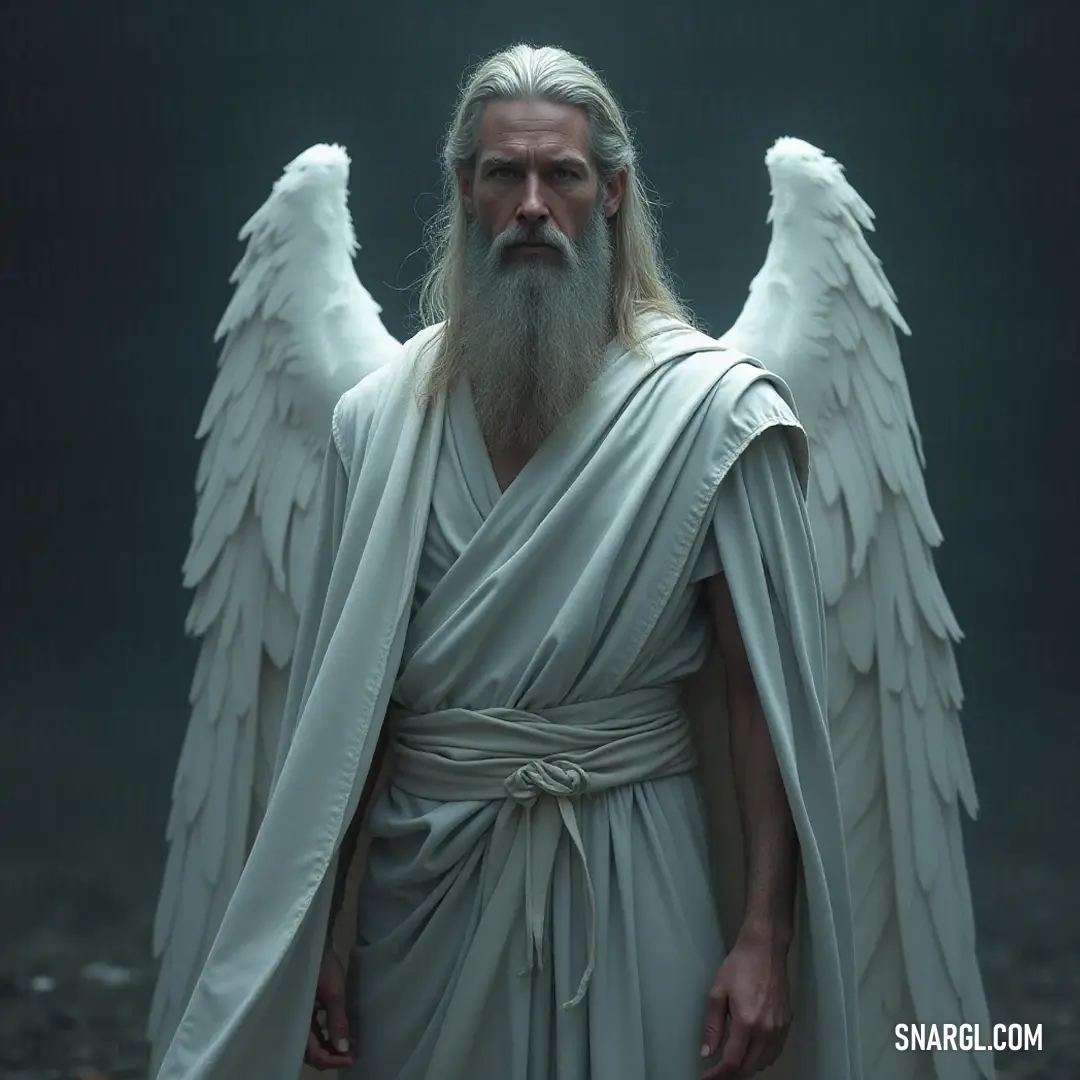 Michael the Seraphic Guardian in White Robe Michael, with flowing white hair and a beard, stands majestically in a shimmering white robe, his angelic wings cascading softly behind him, embodying the very essence of divine protection.