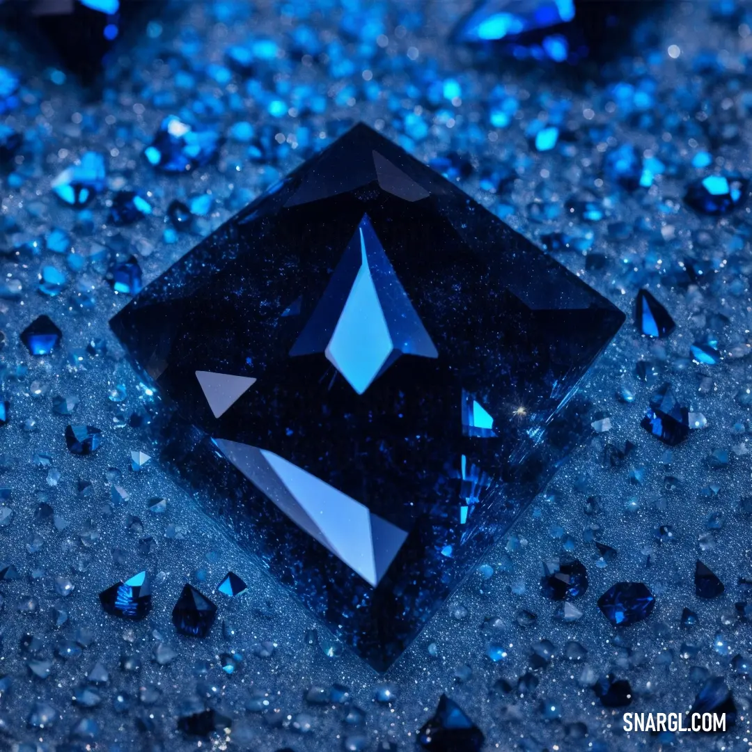 Blue diamond surrounded by blue diamonds on a table with water droplets on it and a blue background with blue and white dots