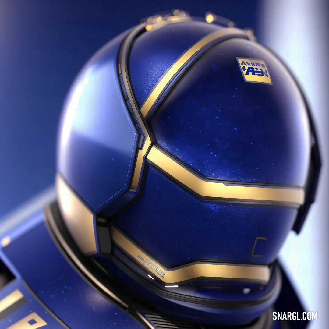 Blue helmet with gold trim and a blue background