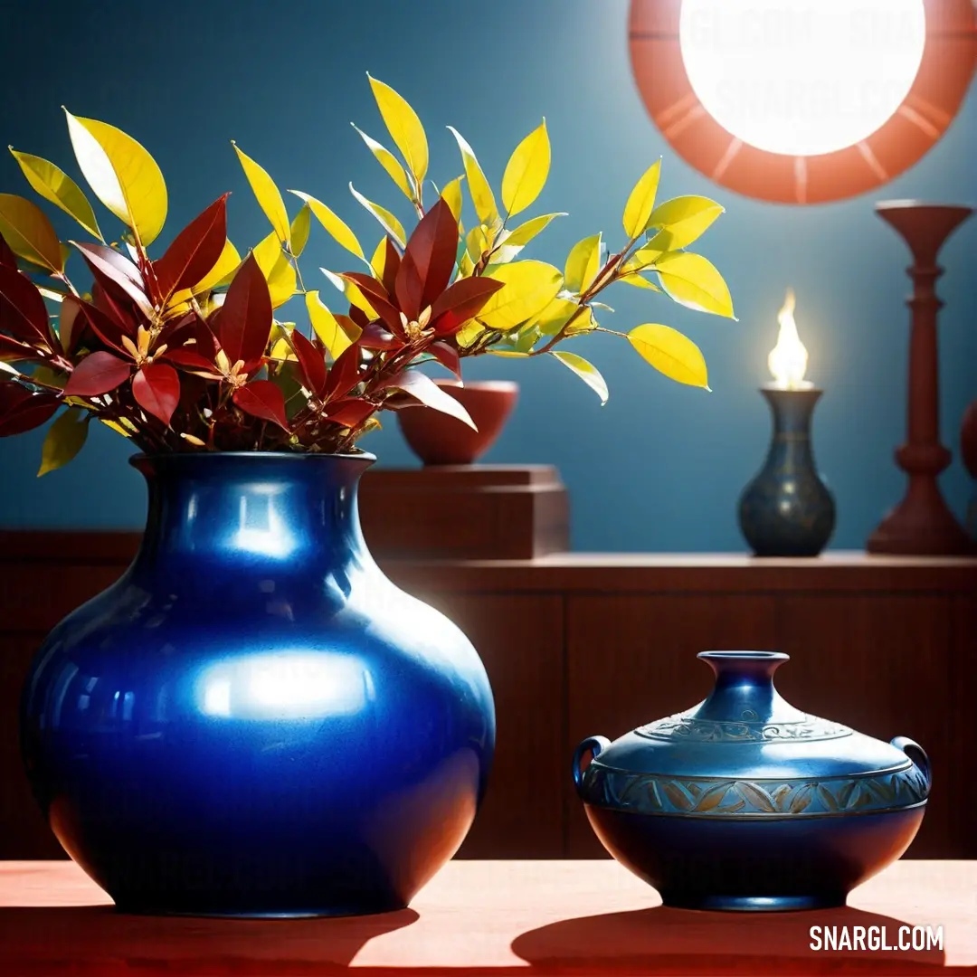 Blue vase with a yellow flower in it and a blue vase. Color CMYK 78,78,0,56.