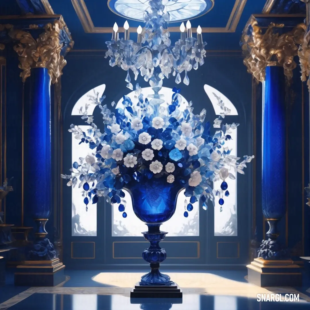 Blue vase with flowers in it in a room with columns and chandeliers on the ceiling. Example of RGB 25,25,112 color.