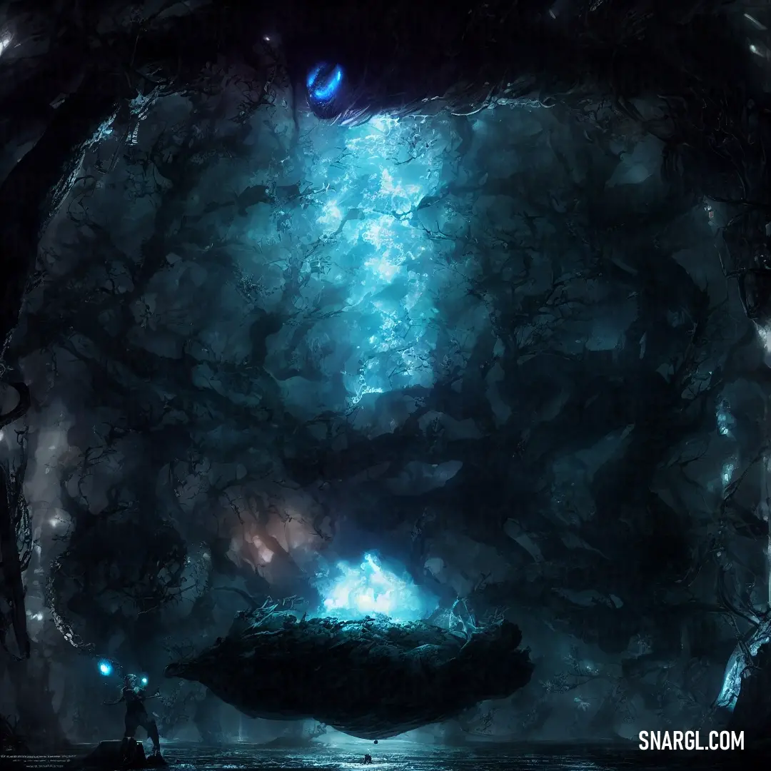 Cave with a giant blue light coming from it's mouth and a man standing in the middle of it