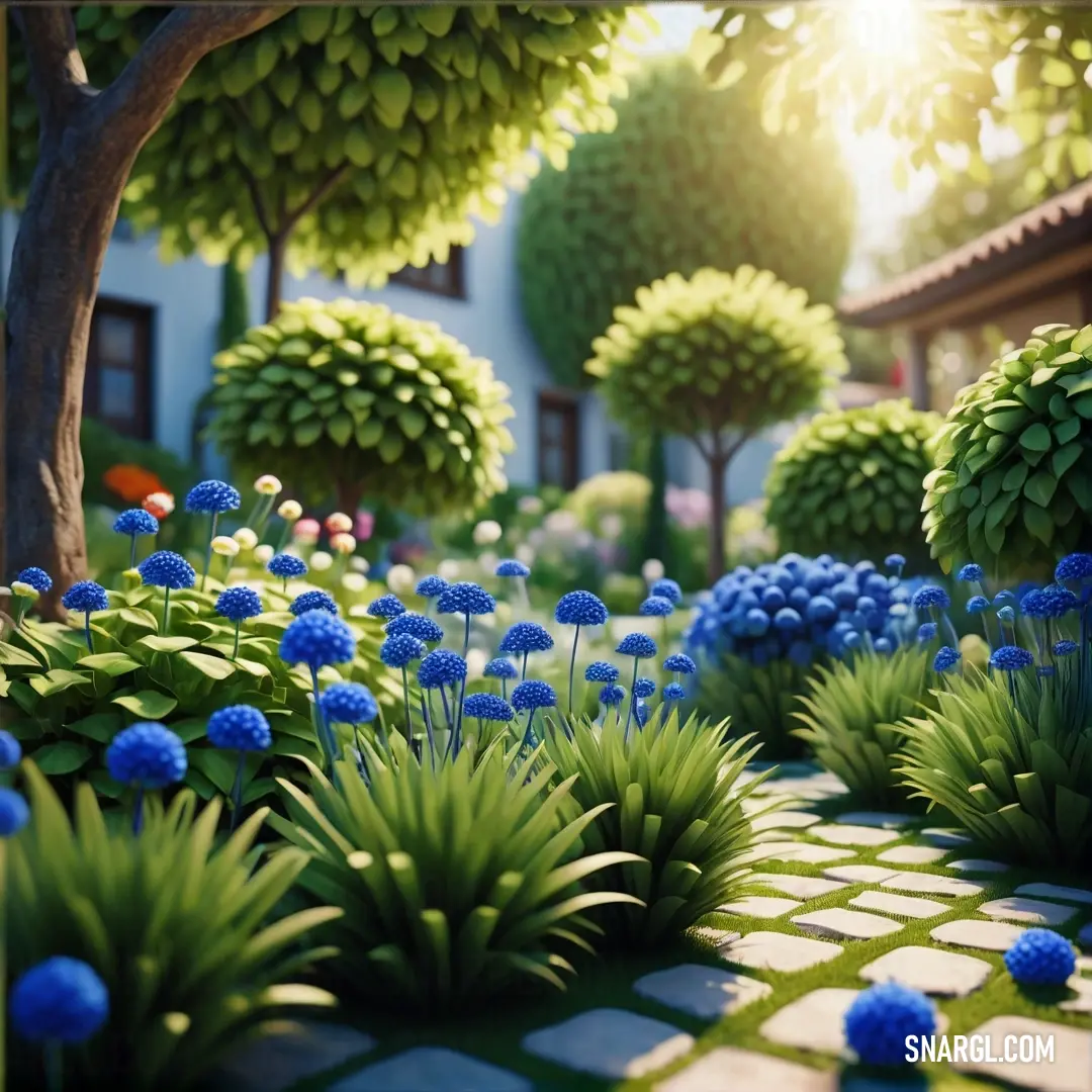 Garden with blue flowers and green trees and a house in the background. Color Midnight blue.