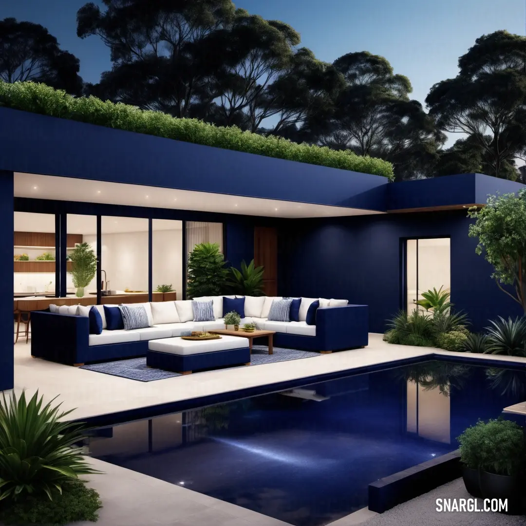 Living room with a pool and a couch in it's center area at night time with a view of the outside. Color Midnight blue.