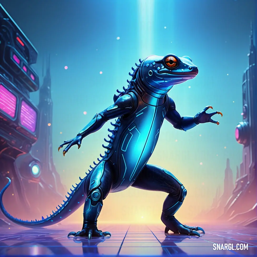 Lizard in a futuristic city with a neon light shining on it's face and a glowing eye
