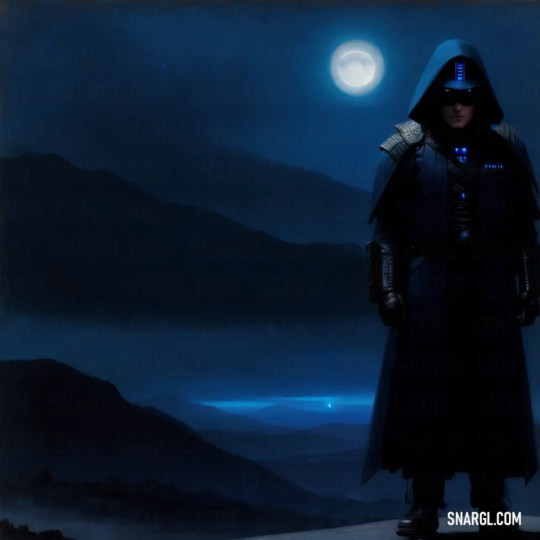 Man in a hooded jacket standing in front of a mountain at night with a full moon in the background
