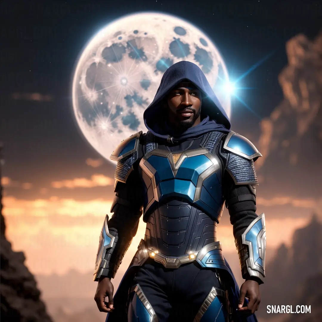 Man in a space suit standing in front of a full moon with a hood on