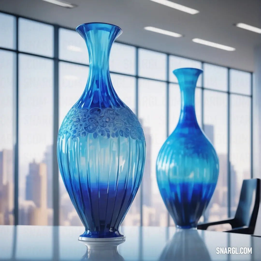 Couple of blue vases on top of a table next to a window with a city view. Example of RGB 25,25,112 color.