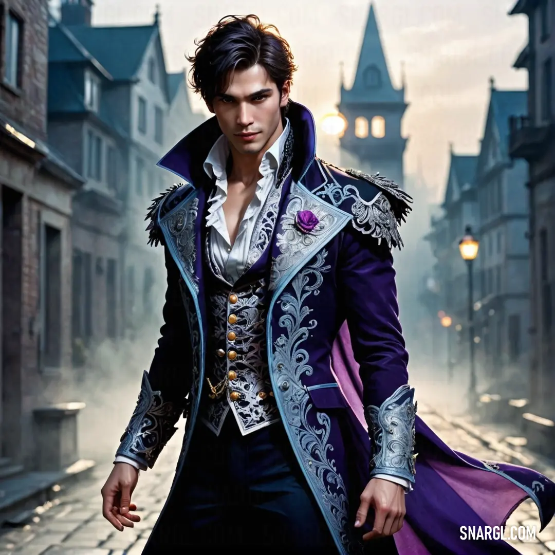 Man in a purple and black coat and a purple cape is walking down a street in a city. Color Midnight blue.