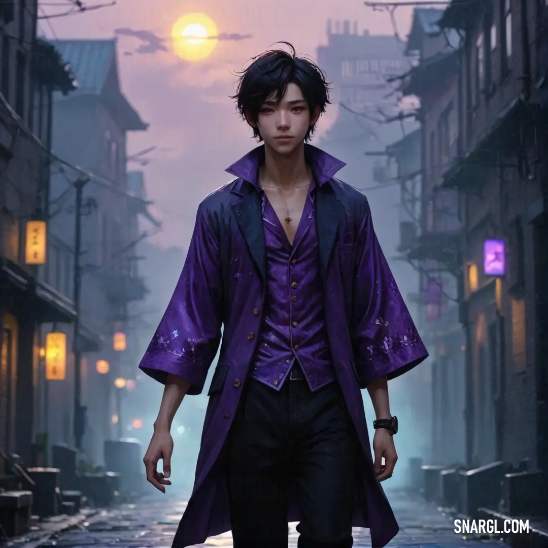 Man in a purple coat walking down a street at night with a full moon in the background. Color CMYK 78,78,0,56.
