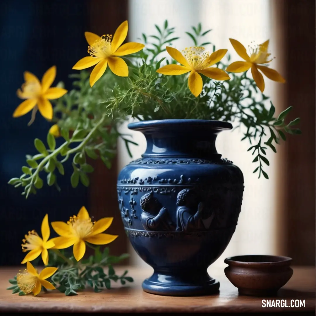Vase with yellow flowers in it on a table next to a bowl of water and a vase with a plant. Color #191970.