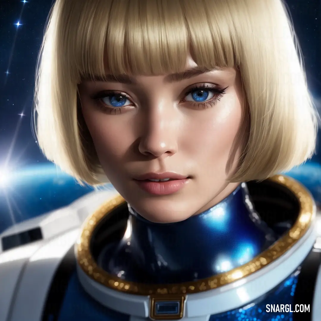 Woman with blonde hair and blue eyes wearing a space suit and a gold collared necklace with a planet in the background