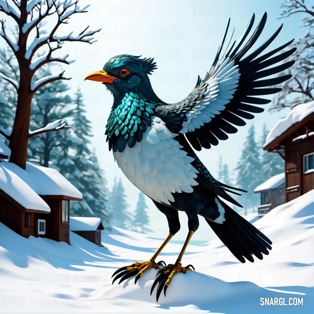Bird with its wings spread standing on a snowy surface in front of a cabin and trees. Color #004953.