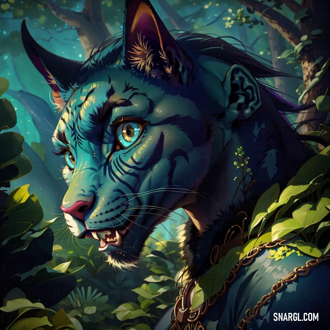 Blue tiger with a chain around its neck and a green background with leaves and flowers on it's neck