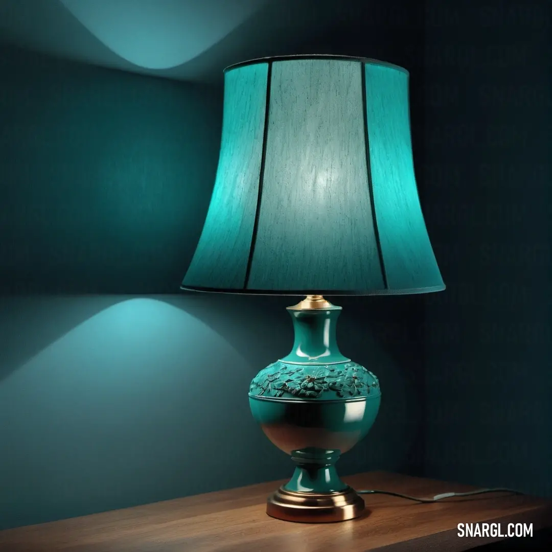 Lamp that is on a table next to a lamp shade on a table top with a blue background. Example of RGB 0,73,83 color.