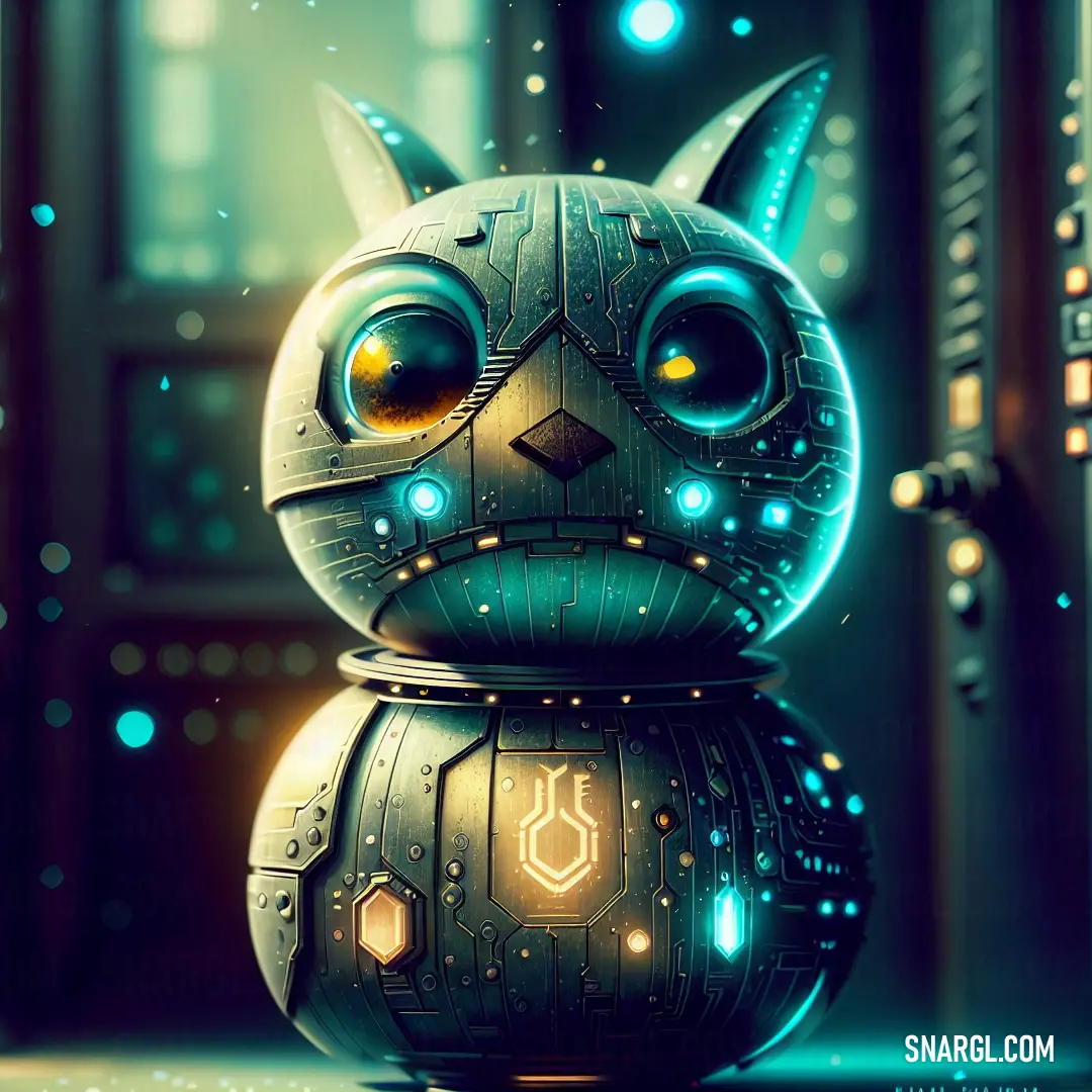 Robot cat with glowing eyes and a glowing body is standing in front of a window with a door
