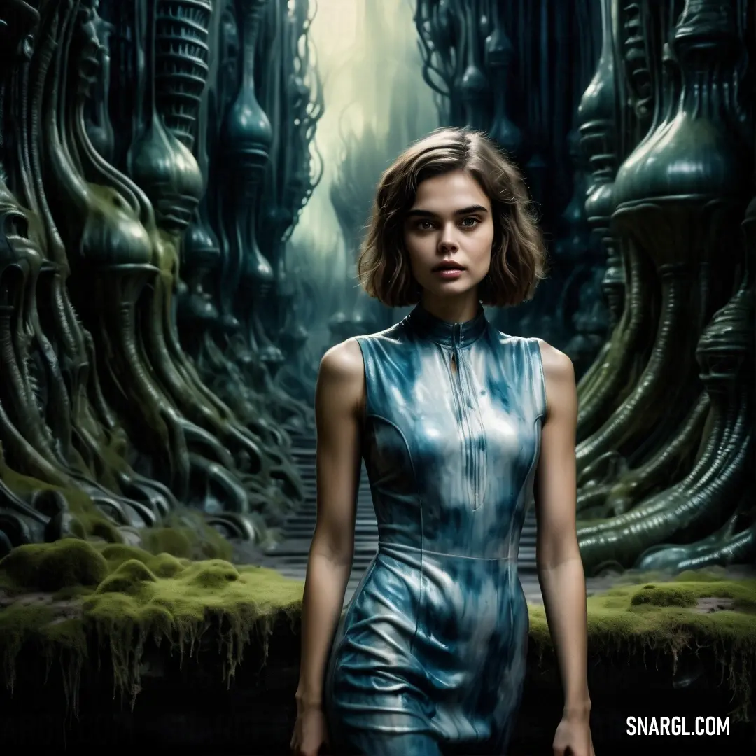 Woman in a blue dress standing in front of a giant alien like structure. Example of #004953 color.