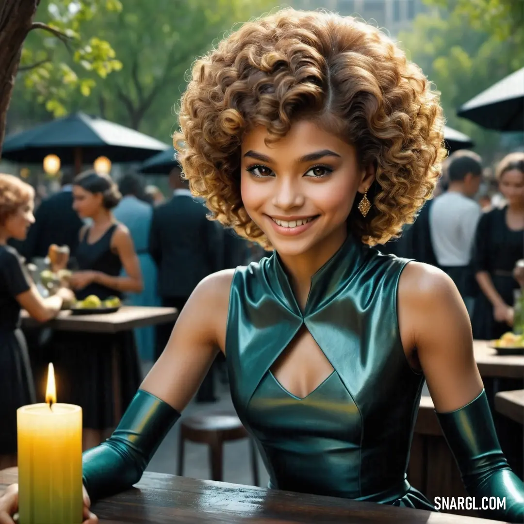 Woman in a green dress at a table with a candle in front of her and people in the background. Color Midnight green.