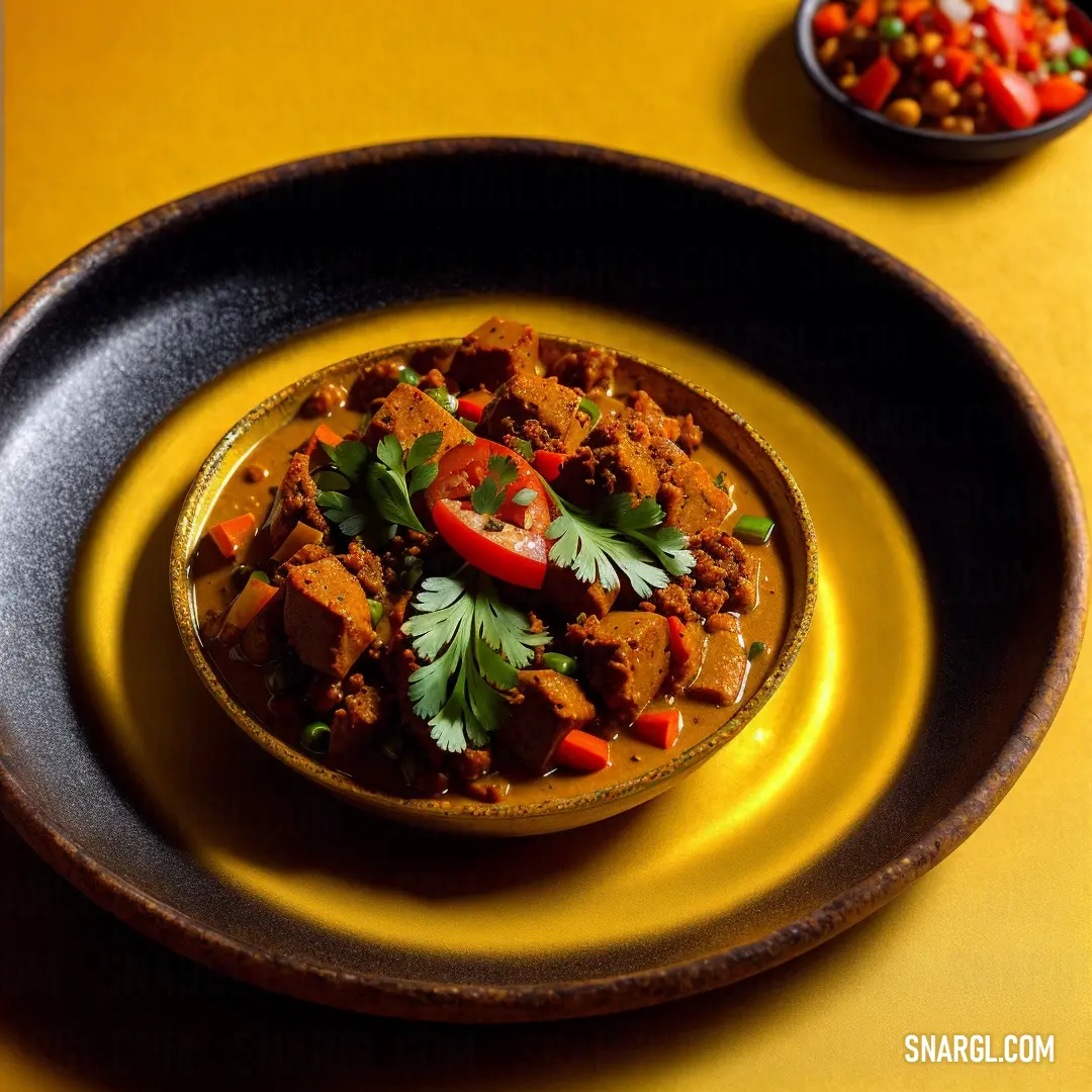 Bowl of food on a yellow table with a bowl of vegetables